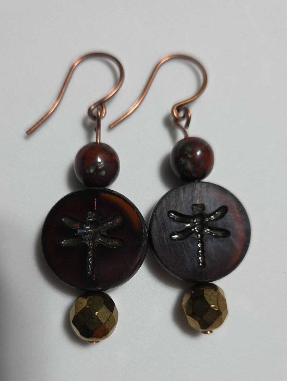 Handmade Czech Glass Dragonfly Dangle Earrings Copper Boho Nature Artisan‎